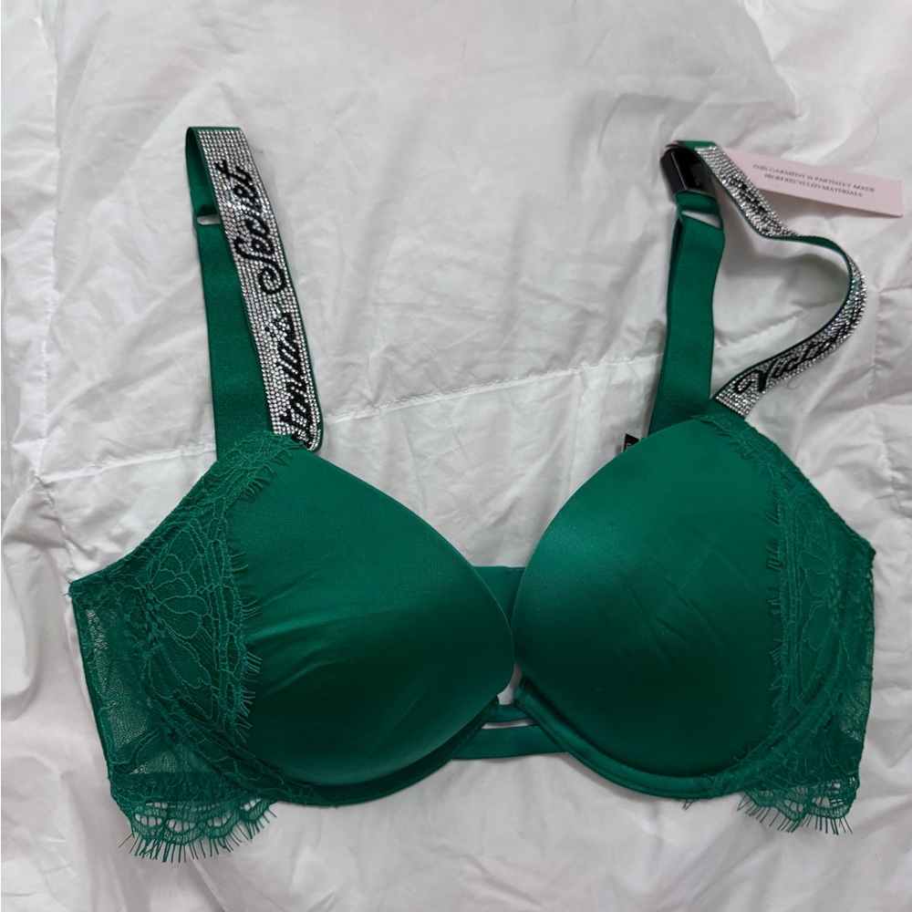 Victoria's Secret Emerald Green Lace Push-Up Bra with Logo Straps